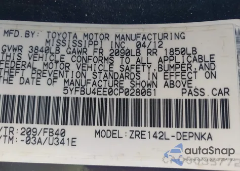 2012 Toyota Corolla Le из США, поврежденный, VIN 5YFBU4EE0CP028061